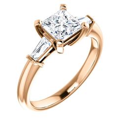 Natural 1.22 CTW Princess Cut & Baguettes 3-Stone Diamond Engagement Ring 14KT Rose Gold