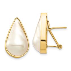 14k Yellow Au White Pear Mabe Pearl Omega Back Earring 12x20 mm