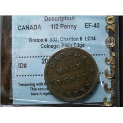 Br# 533, Ch # LC-14a CCCS certified EF-40; Coinage.Half Penny Token, 1815, For Public Accomodation.