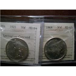 USA, 1925 Lexington-Concord ICCS MS64 and the 1964 50¢ ICCS MS65.