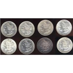 USA, lot of 8 silver dollars, grades vary from AU50 to MS62. Includes 1882-S,1884-O,1885,1889,1890,1
