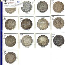 USA 1879 to 1900 $1 , Lot of 13 Morgan dollars from VG to VF+, Includes 1879O, 1879, 1880, 1884O, 18