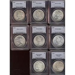USA, lot 8 silver dollars, all PCGS graded. Includes 1883-O MS62, 1889 MS62, 1898 MS62, 1901-O MS62,
