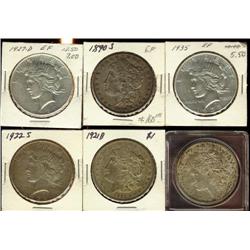 USA, Lot of 6 Silver dollars. Includes 1890S, 1921(morgan), 1921D, 1922S, 1927D, 1935.  Grades vary 