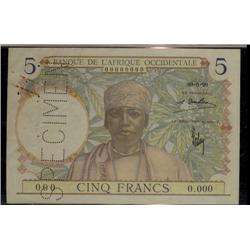 Banque de l'AFRIQUE OCCIDENTALE; 5 FRANCS SPECIMEN note around 1940's.  EF with pinholes.