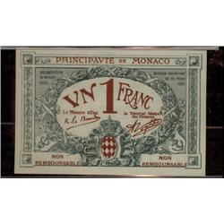 MONACO; ESSAI note  1920 1 franc  Uncirculated.