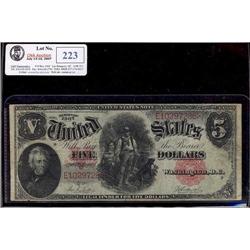 1907 US $5 .  Note grades F/VF with some minor pinholes.