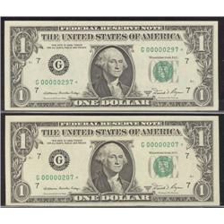 USA 1981 $1 notes.  Lot of two low serial number replacement notes Gem UNC.  #G00000207* and #G00000