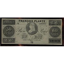 Francois Plante, Laprairie, Lower Canada 30 pence (2 shillings, 6 pence) or 60 Sous. Good for Half d