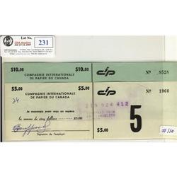 Compagnie Internationale de papier du Canada $5 and $10 coupons, je reconnais avoir recu en espece l