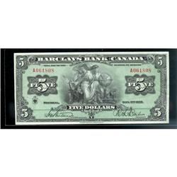 Barclays Bank of Canada  1929  $5  30-10-02b   A061808   Original AU-UNC!  Well centered with vibran
