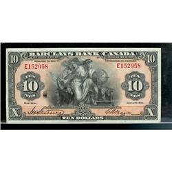 Barclays Bank of Canada  1935  $10  No.E152958.  30-12-08  Magee signed.  AU-UNC.  A scarce note in 