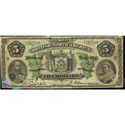The Bank of British North America  1886 $5 No.1382700  CH:55-22-02  Fine.  Underrated and very sough