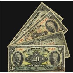 Lot of 4 small size chartered banknotes; Bank of Commerce 1935 $10, Dominion Bank 1935 and 1938 $10 
