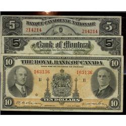 Lot of 3 small size chartered notes dated 1935.  Includes $5 Banque Canadienne Nationale, $5 Bank of