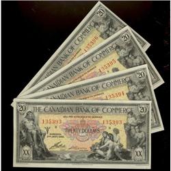Run of 4 consecutive notes.  The Canadian Bank of Commerce 1935 $20 No.135393 - 5397.  All choice un