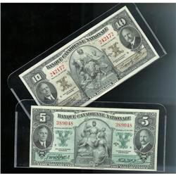 Lot of two notes.  Banque Canadienne Nationale  1935  $5, $10  85-14-02/04. Both notes are original 