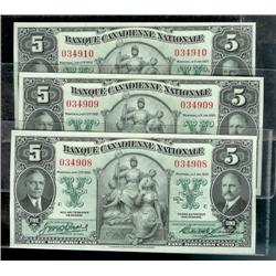 Lot of three sequential notes.  Banque Canadienne Nationale  1935  $5, $10  85-14-02.  No.034908 -90