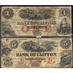 Lot of 2 notes. The Bank of Clifton  1859 $1 and $5 notes. CH-125-10-04-02 and 10-02-06.  Both notes