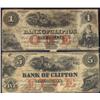 Image 1 : Lot of 2 notes. The Bank of Clifton  1859 $1 and $5 notes. CH-125-10-04-02 and 10-02-06.  Both notes
