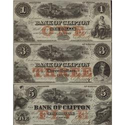 Bank of Clifton 1859.  CH-10-04-02 / 04 and 06.  Includes the $1, $3 and $5 notes all in UNC.