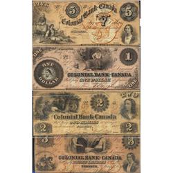 Lot of 4 notes.  The Colonial Bank 1859 $1, $2, $3, $5 CH130-10-04-02, 10-02-04, 10-04-06, 10-02-10.