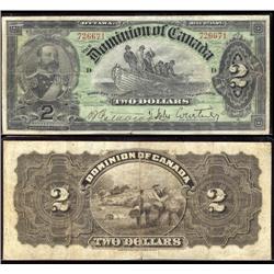 1897 $2 DC-14b, Fine.  A solid example with full colour and even margins.  Very light nick bottom mi