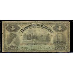 DC-16  1900 $4 Series A 007770. VG with a few nicks and a few small scuffs on back.