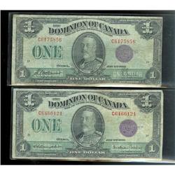 Lot of two notes.  1923  $1  Purple seal  McCavours-Saunders/Campbell-Sellar  DC-25k/l  Both signatu