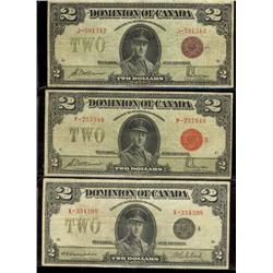 Lot of 3 different 1923 $2 notes. Includes DC-26e (bronze seal) DC-26b (red seal), DC-26l (black sea