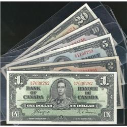 1937 partial set including five notes.  $1, $2, $5, $10 and $20.  Grades vary from EF+ to AU+.  A ve