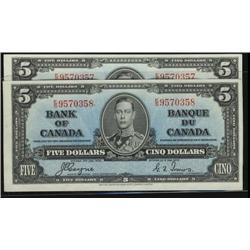 Consecutive pair of BC-23c  1937 $5 Coyne-Towers E/S9570357/0358, both uncirculated