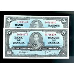 Lot of two sequential notes.  BC-23C  1937  $5  Coyne-Towers  Z/C0766479/480.  Original uncirculated