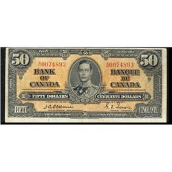 BC-26a  1937 $50 Osborne A/H0074893  about VF with a small tear.  A very difficult note to find in h