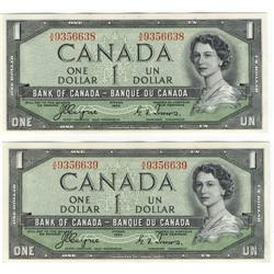 Lot of 2 consecutive DEVIL'S 1954 $1 notes.  BC-29a A/A9356638-6639.  Grades vary from AU58 to Choic
