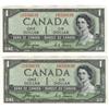 Image 1 : Lot of 2 consecutive DEVIL'S 1954 $1 notes.  BC-29a A/A9356638-6639.  Grades vary from AU58 to Choic