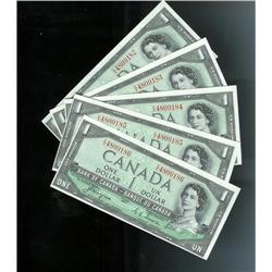 Lot of 5 consecutive Devil's face 1954 $1 Coyne-Towers  BC-29a  E/A4809182 to 186. All notes Choice 