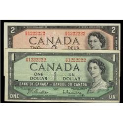 1954 matching pair with ser# 1222222, BC-37bi $1 F+, BC-38a $2 EF-AU.