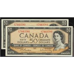 Consecutive pair of 1954 $50 Beattie-Rasminski notes. BC-42b   B/H7443580/3581.  Both notes are choi