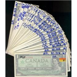 Large lot of 81 "Centennial banknotes". Includes BC-45b 1967 $1 Prefix G/P.  Grdes vary from VF to E