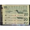 Image 1 : Run of 3 consecutive 1991 $20 notes.  BC-58ai EIZ.  All Choice uncirculated.