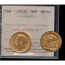1913c Gold Sovereign ICCS MS63.  A nice mintstate example with full lustre and no distracting marks.
