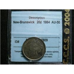 New Brunswick 1864  20¢ CCCS AU50 .  Attractive blue, gold and russet tones over underlying lustre. 
