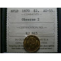 Nfld 1870 Obv.2 "2 dot" $2 Gold ICCS AU55, scarce!