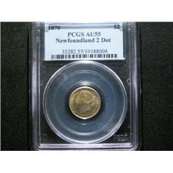 Newfoundland $2 "Gold" 1870 2 Dot  PCGS AU55.  Brilliant with good lustre.
