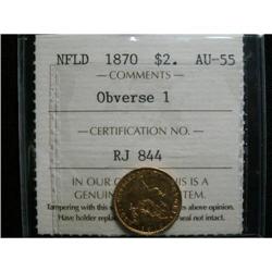 Nfld 1870 Obv.1 "3 dot" $2 Gold ICCS AU55, scarce!