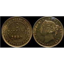 Nfld 1880  $2 Gold  ICCS MS60.  A superb mintstate example with nice eye appeal. Very scarce in this