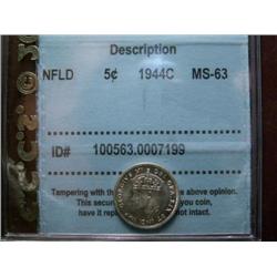 Newfoundland 1944c 5¢ CCCS MS63.  Fully brilliant and lustrous.
