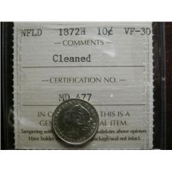 Newfoundland 1872H 10¢ ICCS VF30, lightly cleaned, brilliant.