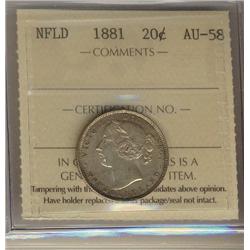 Nfld 1881 20¢ ICCS AU58PQ,brilliant with lots of lustre.  A scarce date. Fourth best known!